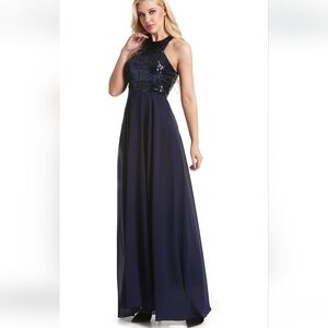 Beauty Kai Navy Sequin Halter Chiffon Empire Waist Maxi Dress S Glam Prom Formal